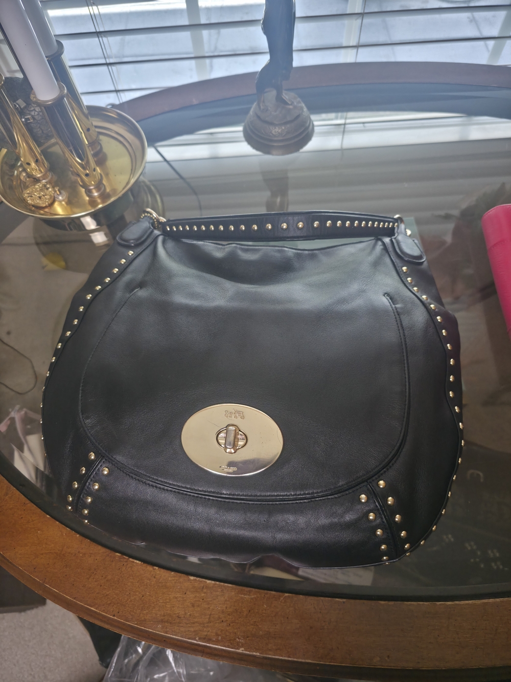 COACH Circle Hobo Gold Turnlock Stud Calf Leather Black Shoulder Bag 34998 - Picture 2 of 9